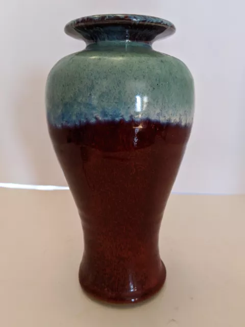 Studio Art Pottery Red/Maroon Stoneware Vase with  Blue/Purple /Green Drip Glaze