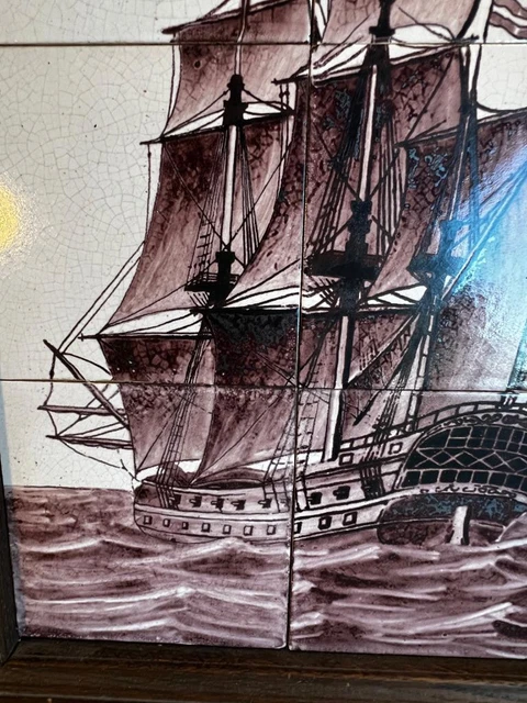 Old Vintage Nautical Art Pottery Tiles Sailing Ship Hand Painted Majolica Faince 4