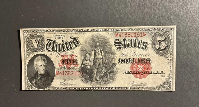 1907 Five Dollar Big Bill Red seal woodchopper series clean
