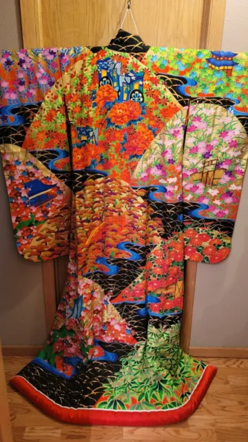 Vintage Black Japanese Wedding Uchikake Kimono Vibrant With Floral