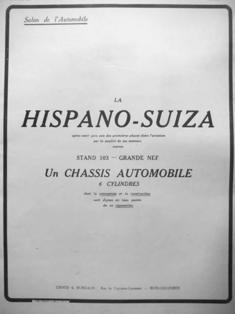 Publicité Presse 1919 Au Salon La Hispano Suiza Chassis Automobile 6 Cylindres