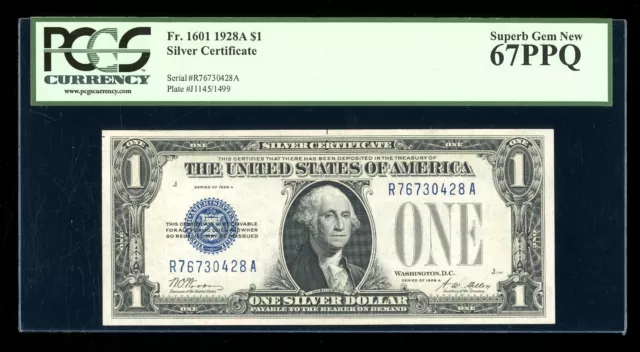 DBR 1928-A $1 Silver Fr. 1601 RA Block Superb Gem PCGS 67 PPQ Serial R76730428A