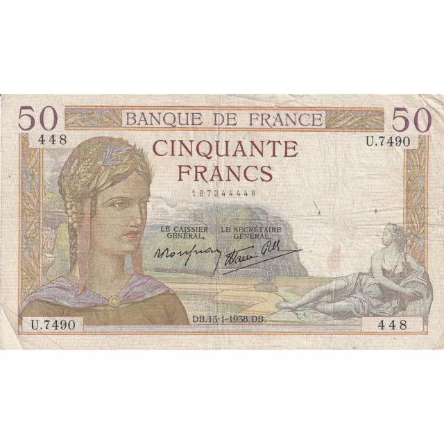 [#195722] France, 50 Francs, Cérès, 1938, U.7490, TB, Fayette:18.7, KM:85b
