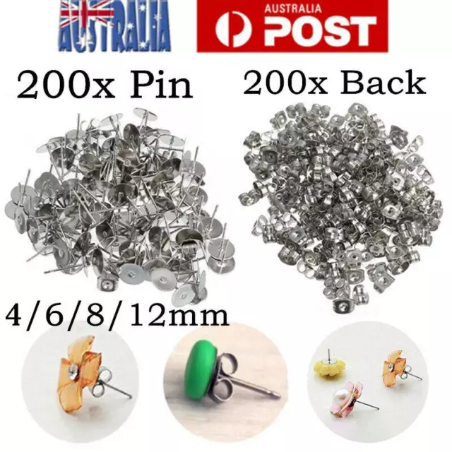 4/6/8mm 400PCS Earring Stud Posts Pads+Nut Backs Hypoallergenic Surgical Steel