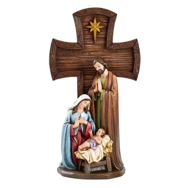 Mary Joseph and Baby Jesus Holy Family Base Cross Nativity Statue 11.62 In