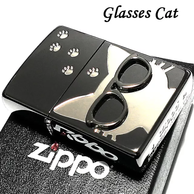Zippo Oil Lighter Glasses Cat Design Black Silver Etching Regular Case Japan