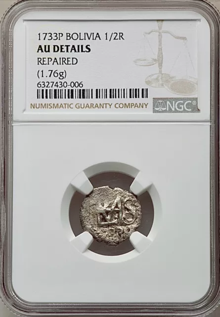 1733-P Bolivia Phillip V 1/2 Real NGC AU Detail Assayer Francisco de Yllana Cob