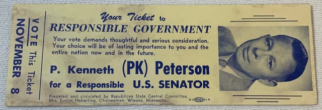 1960 Minnesota Senato Gara 'Biglietto' ~ Vota Per P Kenneth Peterson