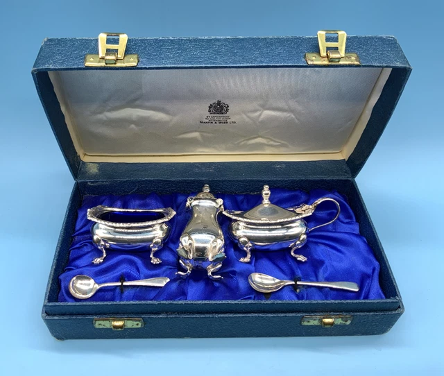 Bellissimo Set 3 Pezzi Condimenti Argento Massiccio Con Custodia Mappatura E Webb 1972