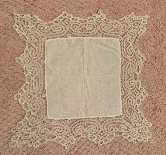 Gorgeous Edwardian French Hanky with Handmade lace edging 12" Square