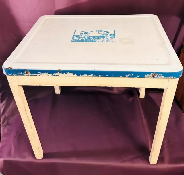 Antique Child Blue & White Enamel Top Table Ice Cream Parlor Table, Rare