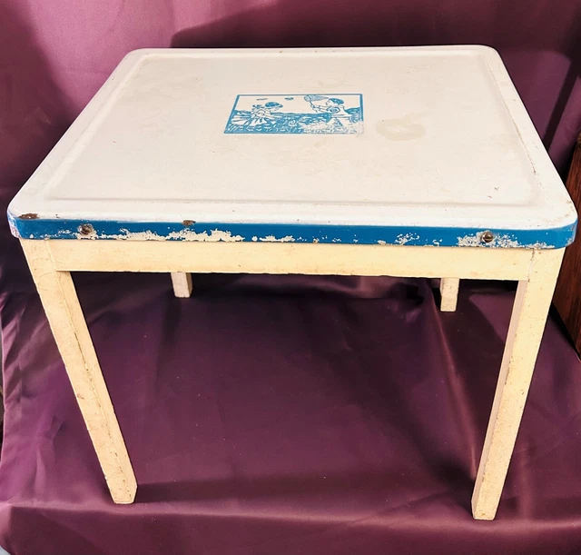 Antique Child Blue & White Enamel Top Table Ice Cream Parlor Table, Rare