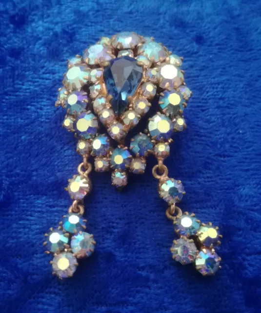 VINTAGE Bijou ancien BROCHE coeur bleu cristaux strass borealis facettes