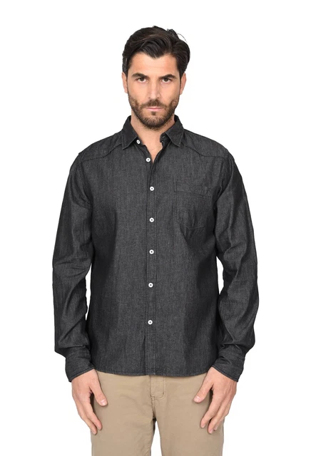 Camicia Jeans Uomo Slim Fit Nera 100% Cotone Camicie Denim Manica Lunga Leggera