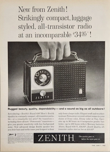 1962 Print Ad Zenith Royal 650 All Transistor 6 Radio Chicago,Illinois