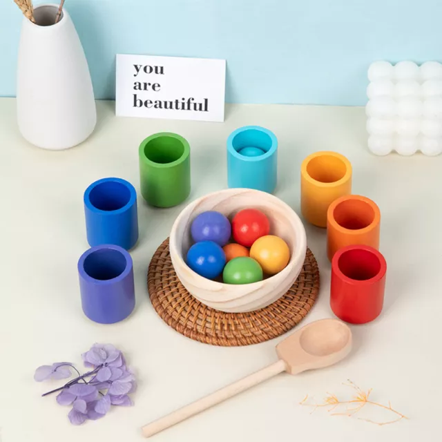 Rainbow Balls in Cups Wooden Color Sorting Toy with Cups/Balls/Bowl/Spoon Funny