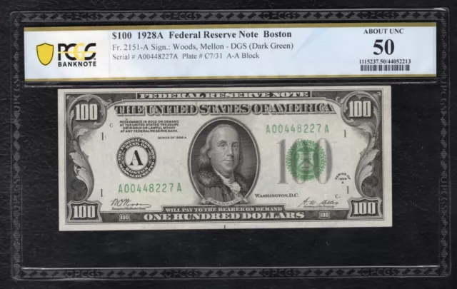 Fr. 2151-A 1928-A $100 Frn Federal Reserve Note Boston, Ma Pcgs Banknote Au-50