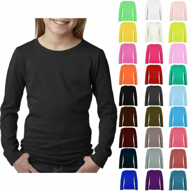 New Kids Girls Plain Long Sleeve Basic Stretch Round Neck T-Shirt School Tee Top