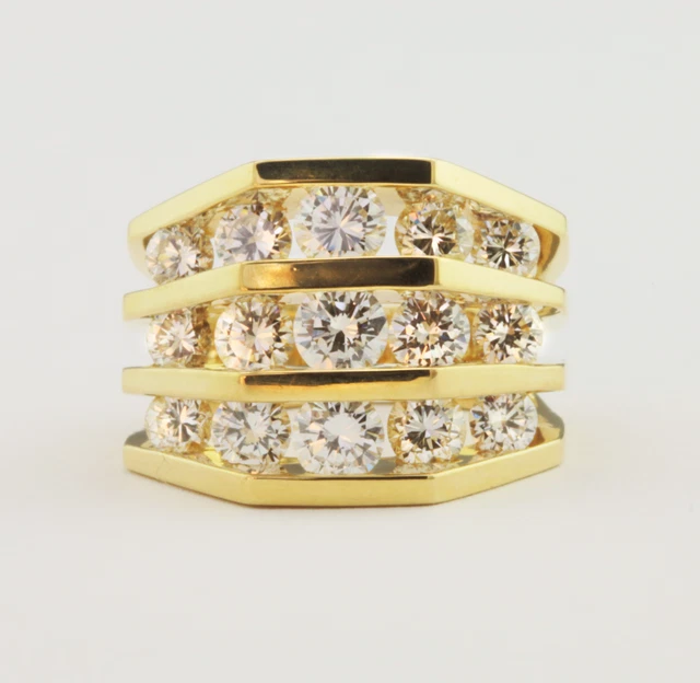 Jose Hess 18k Yellow Gold Size 6 Three Row Ring with 15 Round Diamonds 2.60ctw Jose Hess 18k Yellow Gold Size 6 Three Row Ring with 15 Round Diamonds 2.60ctw