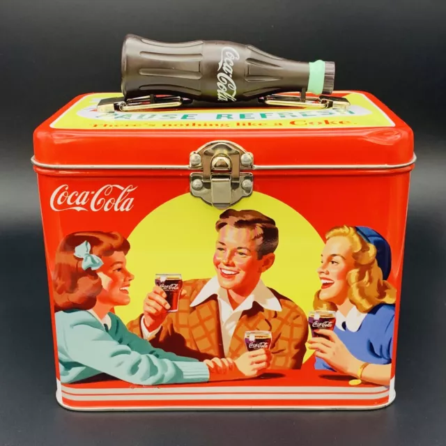 Coca Cola Metal Tin Lunch Box with Latch and Coke Bottle Handle, 2014 - Used
