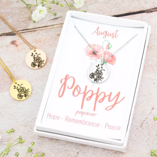 Poppy Necklace - August Birth Flower Personalised Engraved Jewellery