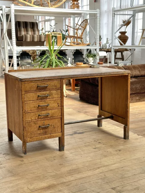 Early 20th Century Oak Desk With Drawers, Industrial Machinist Desk