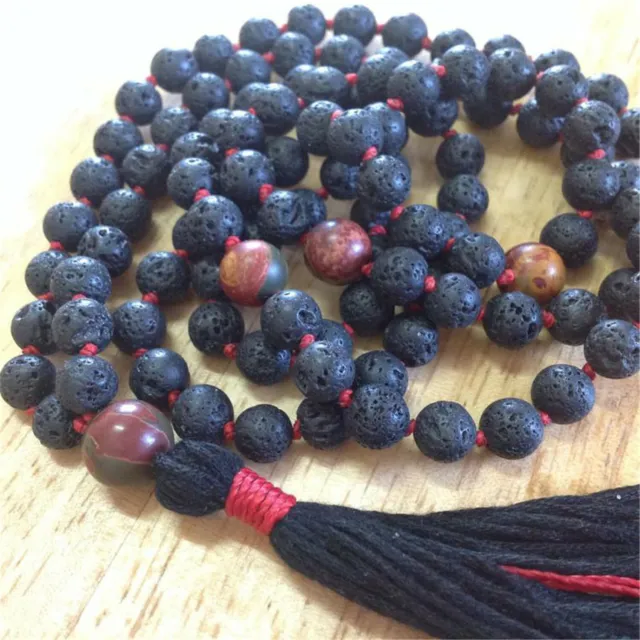 10mm Natural Lava Rock 108 Beads Tassel Knotted Necklace Bless Elegant