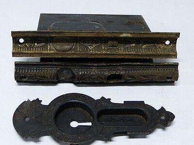 1870's Cast Brass & Iron Mallory Wheeler Pocket Door Mortise Locks & Escutcheon