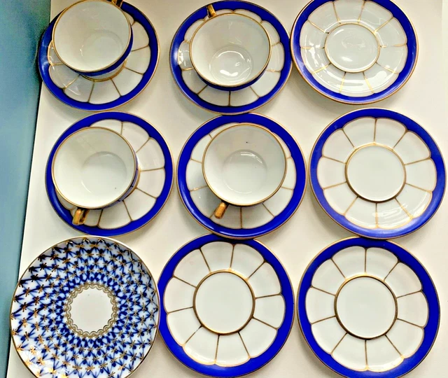 gold gilt cobalt blue CUP & PLATE LOT Royal Selb Hutschenreuther Lomonosov net