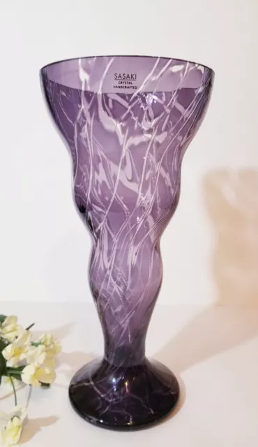Purple Crystal Cut Swirl Art Glass Vase by SASAKI with Original Label