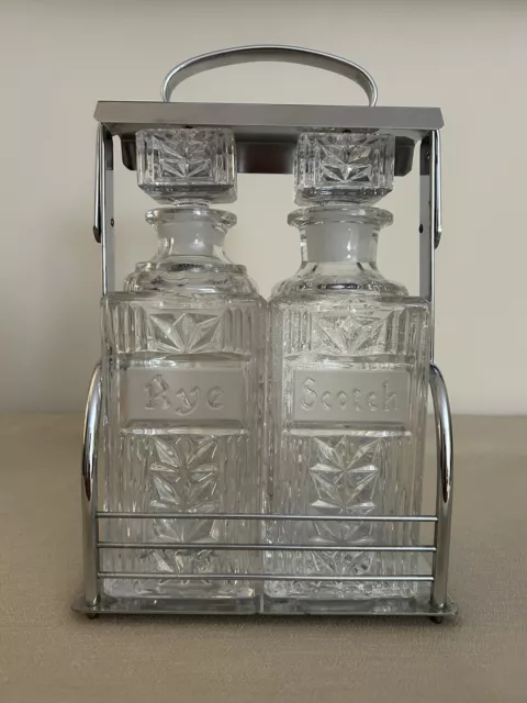 Vintage Keystoneware Glass Crystal Scotch Rye Decanter Set Silver Caddy MCM