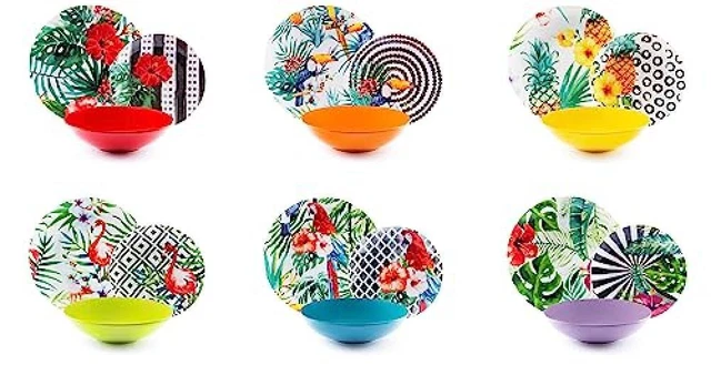 (TG. 18 Pezzi) Excelsa Tropical Chic Servizio Piatti 18 Pezzi, Porcellana, Multi