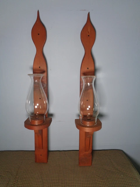 Vintage Wood Wall Hanging Sconce Candle Holders w/ Glass Chimneys - Set Of 2