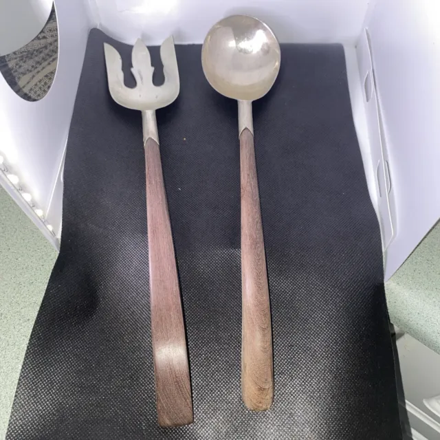 Sterling Silver & Wood Handled Mexican Salad Fork & Spoon Serving Set by R.J.