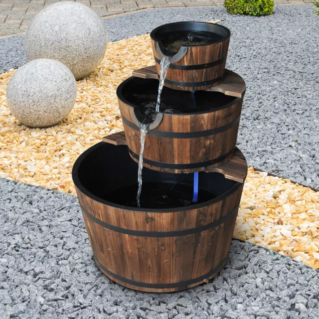 Wooden Water Pump Fountain 3 Tier Cascading Feature Barrel Garden Deck