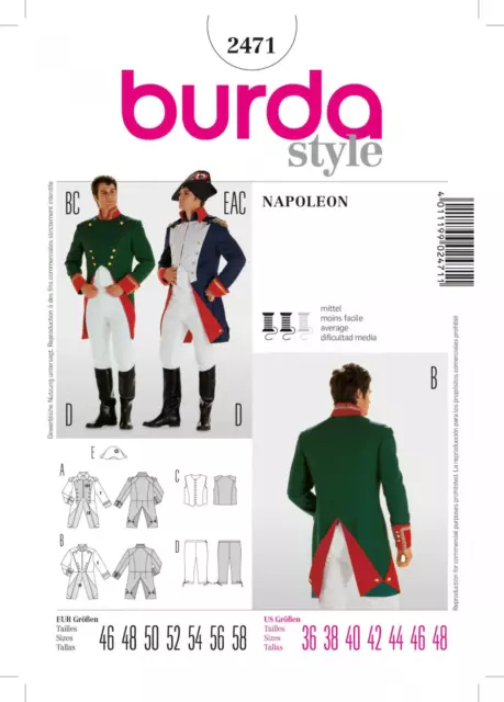 Burda 2471 Sewing Pattern -  18th Century Regency/Napoleon Empire Men's Military