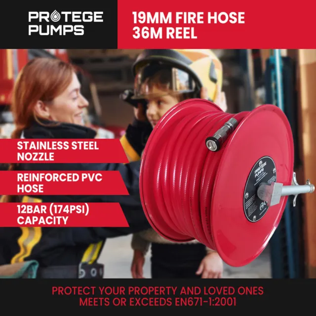 PROTEGE Fire Hose Reel 36m x 19mm Fighting Fitting Nozzle Standard Coupling
