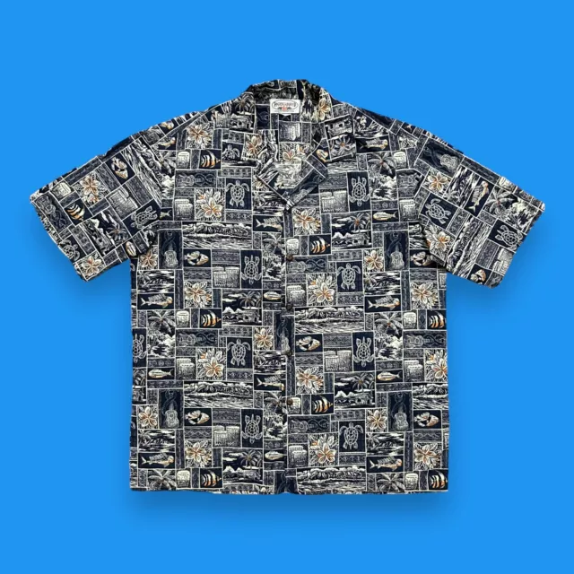 Vtg Hawaiian Shirt Geometric Aloha Fish Print Button Up 90s Cotton Blue Large