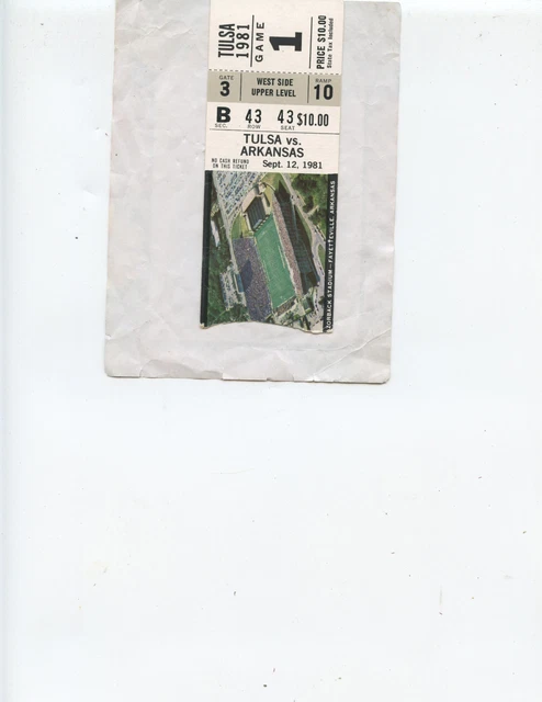 1981 ARKANSAS vs TULSA FOOTBALL TICKET STUB (RAZORBACKS 14, TULSA 10)