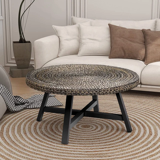 Round Coffee Table,Randefurn Seagrass Coffee Tables,Pine Wood X Base Frame Cockt