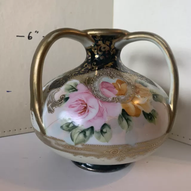 Vintage Nippon Hand Painted 3 Handled Vase Covered with Flowers and Gold Trim