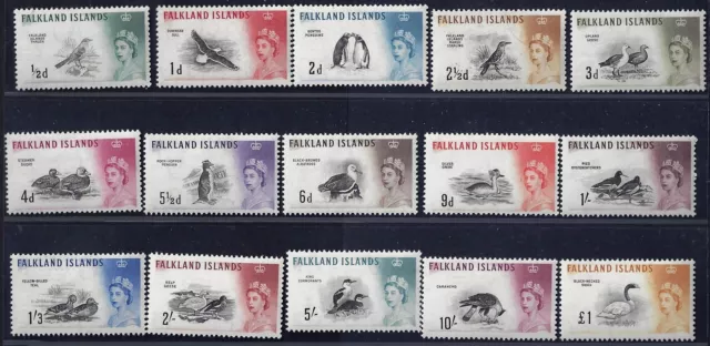 FALKLANDS 1960 BIRDS & QUEEN SET OF 15 COMPLETE £1 SG 193 207 Sc 128 142 VERY LH