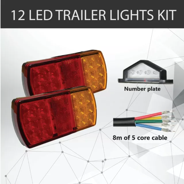 Pair of 12 LED TRAILER LIGHTS KIT - 1x NUMBER PLATE LIGHT, 8M x 5 CORE CABLE 12V