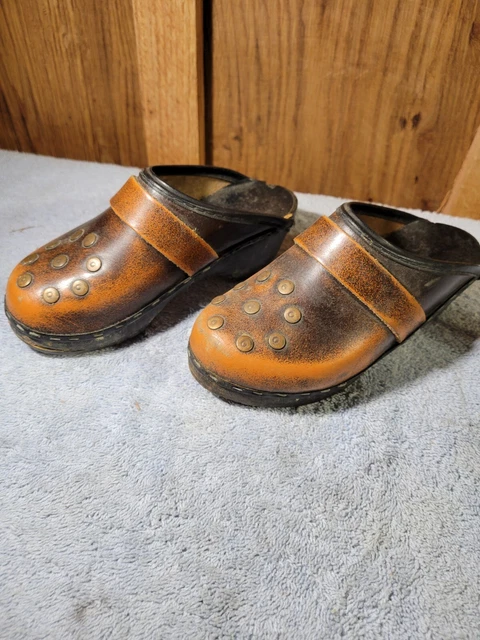 Old Hand Carved Wooden & Leather Clogs with Copper Accent Rivets