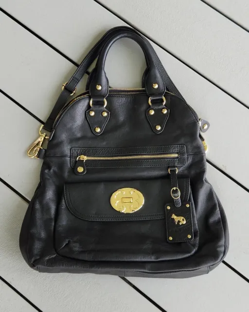 Retired Emma Fox Black Leather Fold Over Satchel Hobo Handbag Shoulder Bag Lily