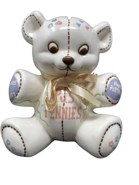 ADORABLE Vintage Hand Painted Ceramic Teddy Bear Coin Slot Bank Piggy Bank