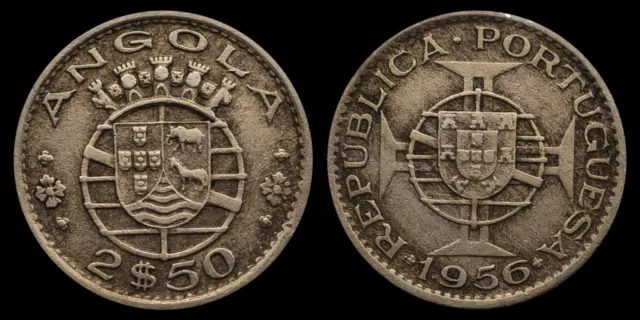 1956 Angola 2 1/2 Escudos Coin, Portugal and Portuguese Angola Coat of Arms