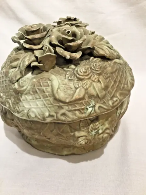 Trinket Dish with Lid Rose Rustic Gold Paintable with Cover Shabby Chic