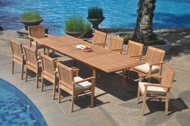 11pc Grade-A Teak Dining Set 118" Rectangle Table 10 Leveb Stacking Arm Chair