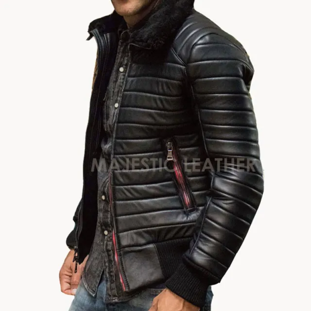 Men's Double Black Puffer Luxury Winter Real Leather Biker Racer Jacket 2